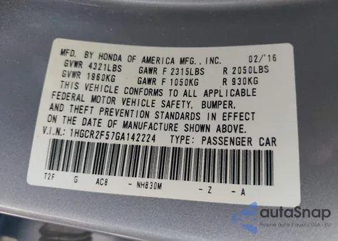 2016 Honda Accord Sport from USA, damaged, VIN 1HGCR2F57GA142224
